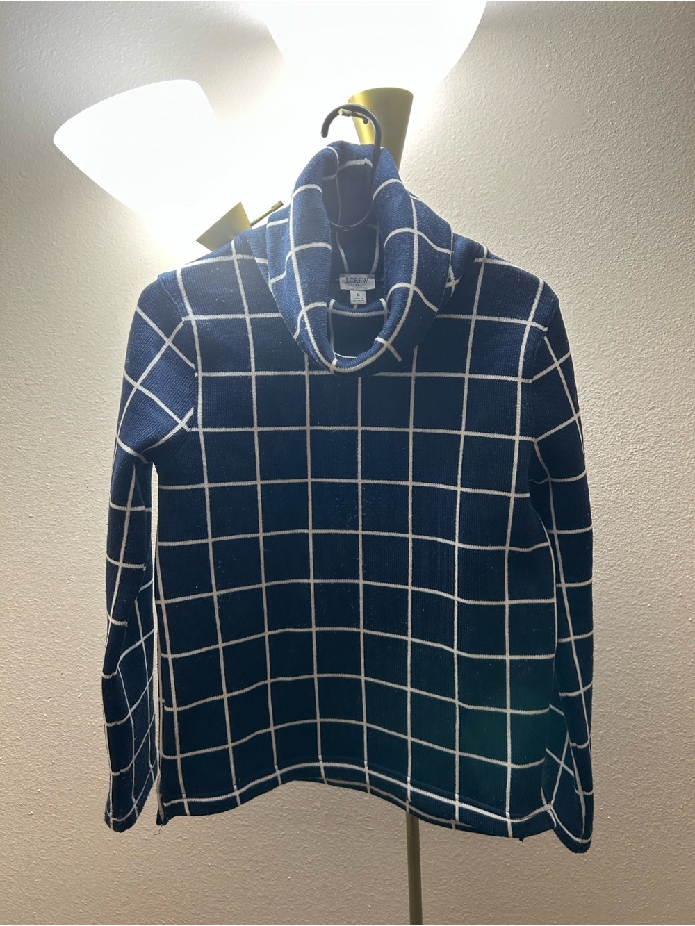 J. Crew Navy and White Windowpane Turtleneck Sweater